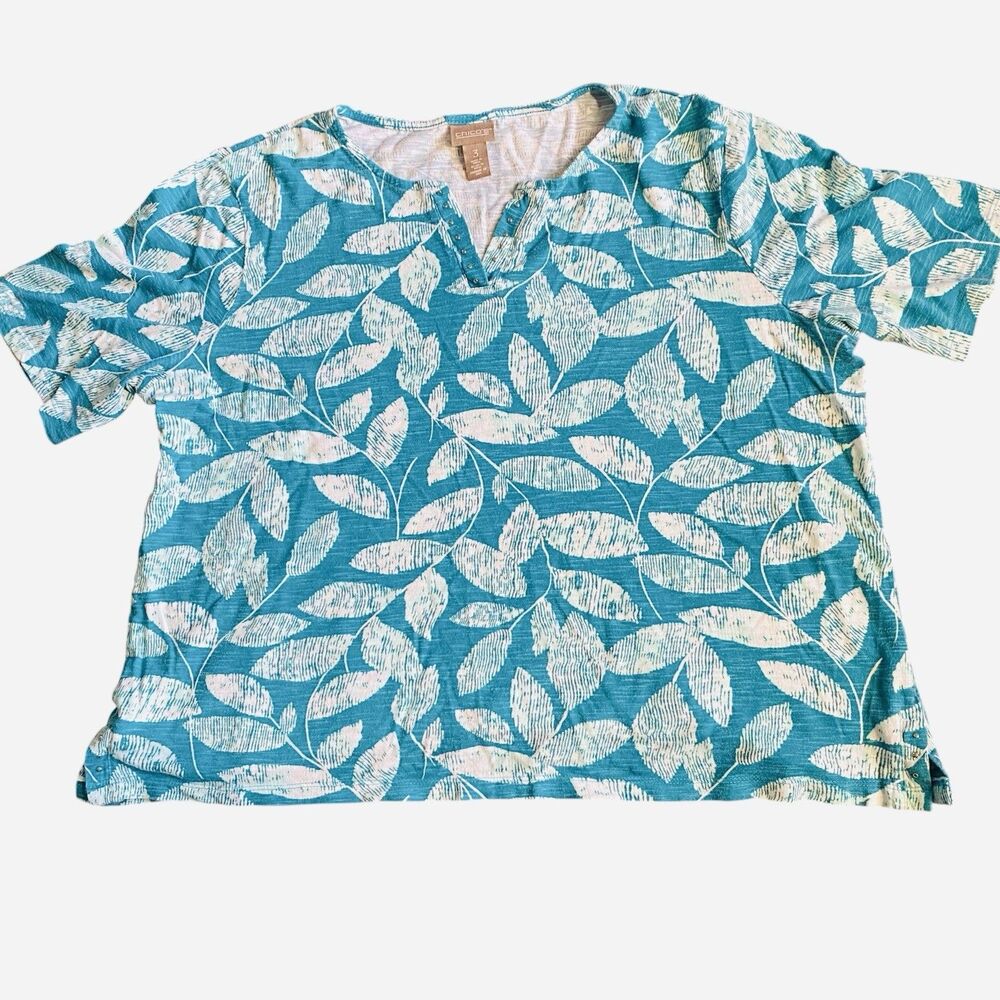 Chico's Horizon Stud-Trimmed Soft Knit Tee Cozumel (Teal) Blue Sz 3 (XL/16)